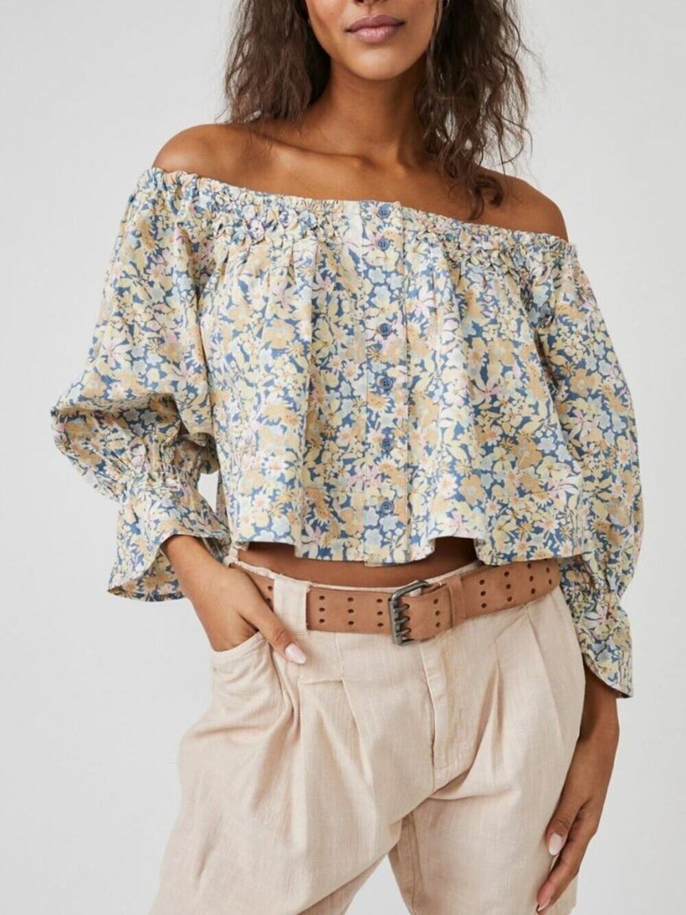 NWT Free People Women's James Smock Top in Blue Floral Multi Size Small